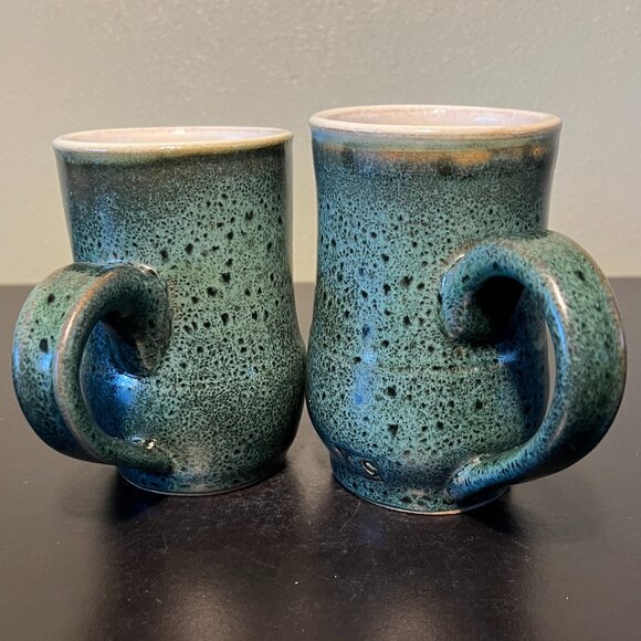 Pair of Handcrafted Green Glaze CS Pottery Mugs w/ Large Black Speckles - Picture 2 of 13